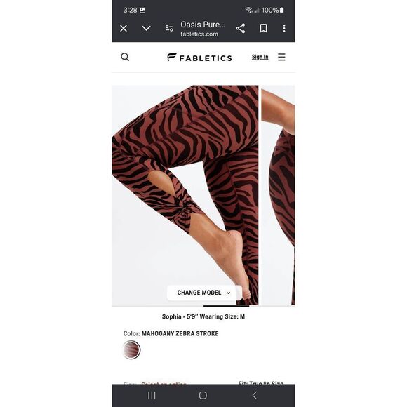 New Small Fabletics PureLuxe Oasis Twist 7/8 Leggings Mahogany Zebra Stroke NWOT - Picture 2 of 9